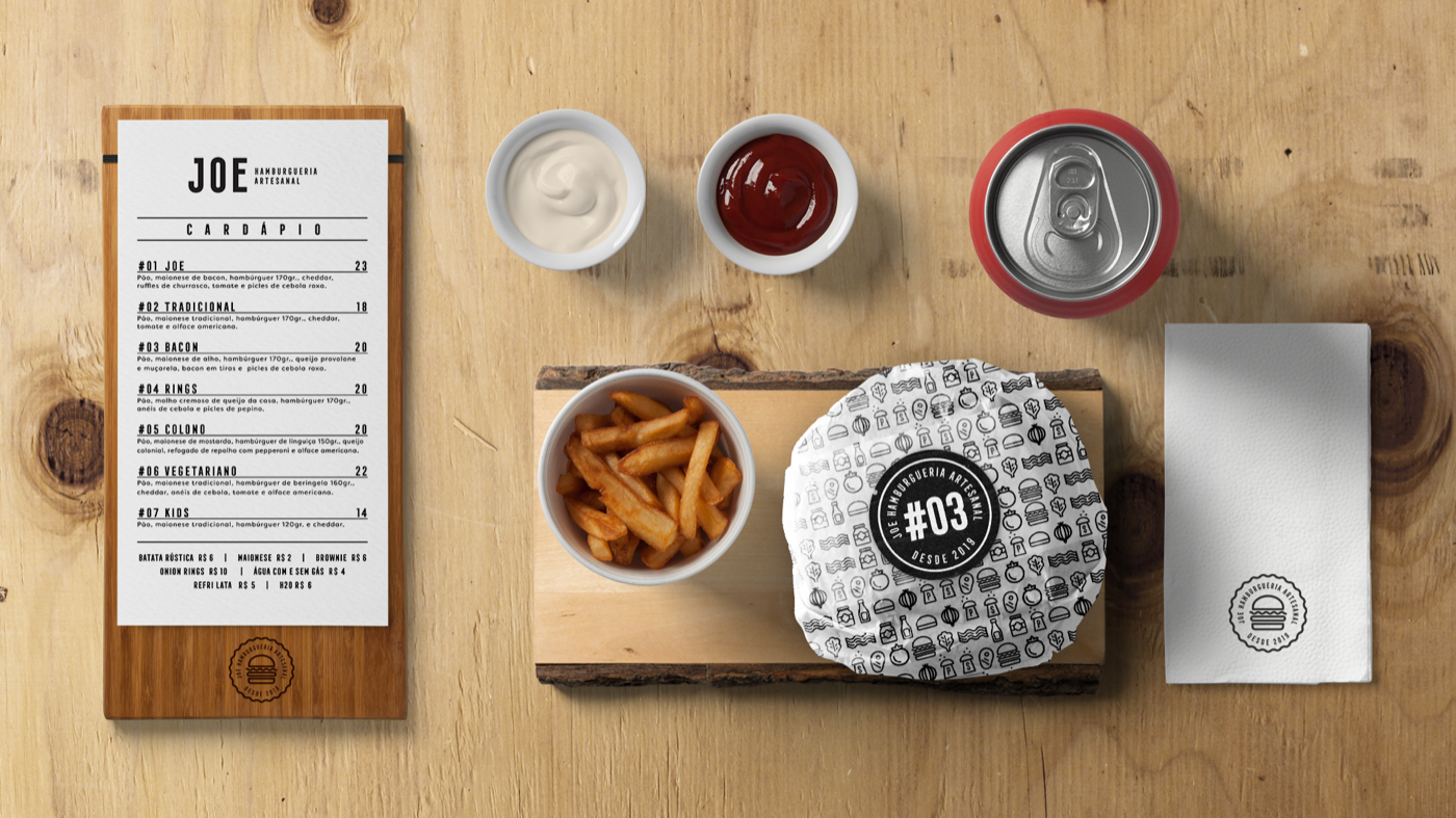 Mockup de materiais e embalagem do projeto Joe